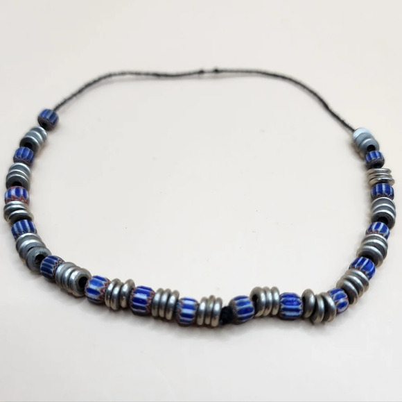 Blue Chevron Beads Five Layer African Trade Beads Handcrafted Strand - Picture 1 of 8